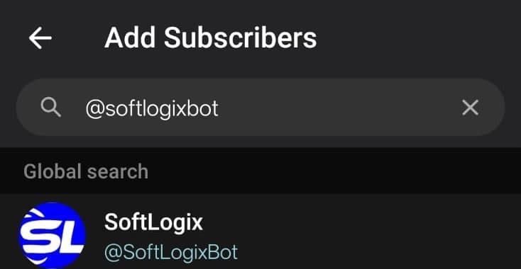 Searching the bot's username on Telegram's Add Subscribers screen