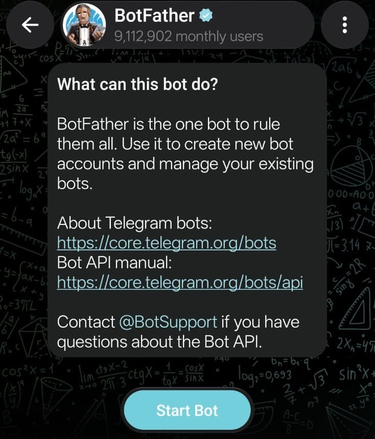 BotFather's verified profile card with a Start Bot button