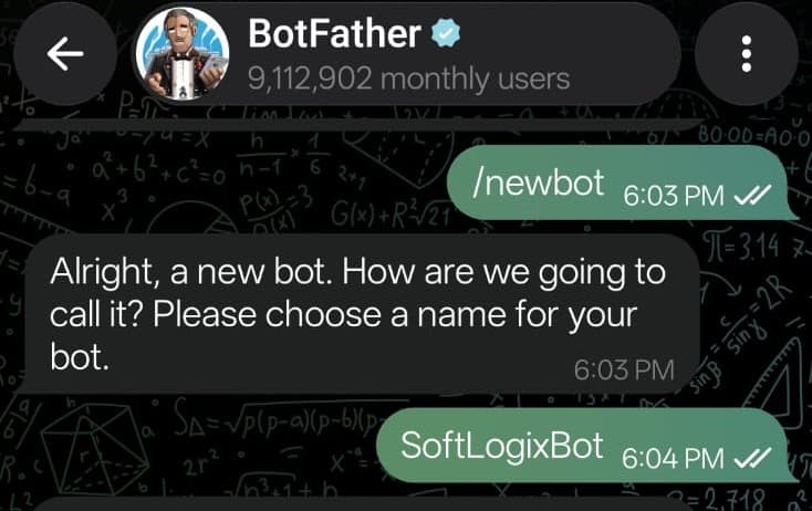 BotFather asking for a bot name, replied with SoftLogixBot