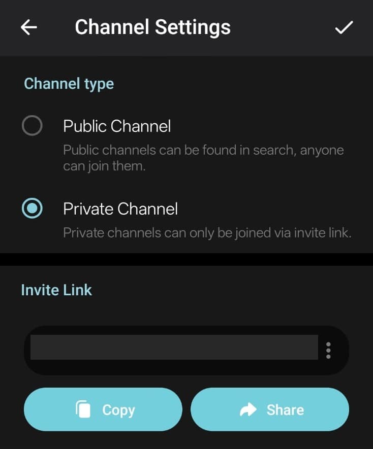 Telegram's Channel type screen with Private Channel selected; invite link redacted