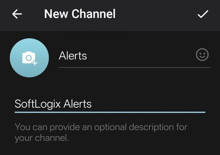 Telegram's New Channel screen, naming a channel 'SoftLogix Alerts'